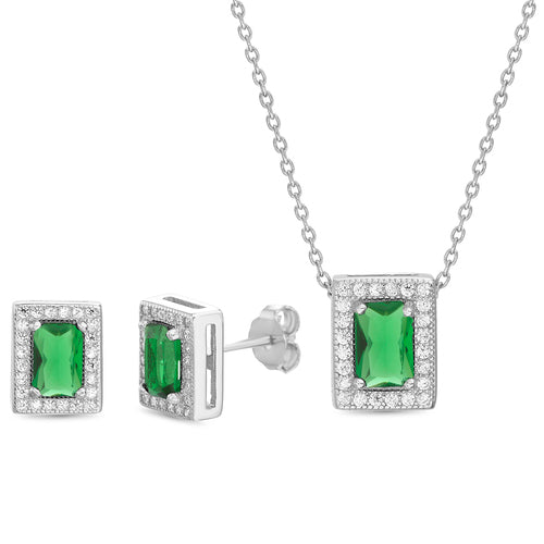 (3 Styles) Sterling Silver Baguette CZ Halo Post Earring & Cable Chain Necklace Duo Set - Atlanta Jewelers Supply
