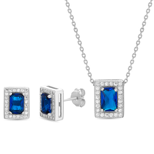 (3 Styles) Sterling Silver Baguette CZ Halo Post Earring & Cable Chain Necklace Duo Set - Atlanta Jewelers Supply