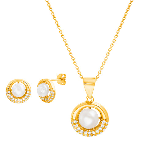 Sterling Silver Gold Plated CZ Pearl Circle Design Set