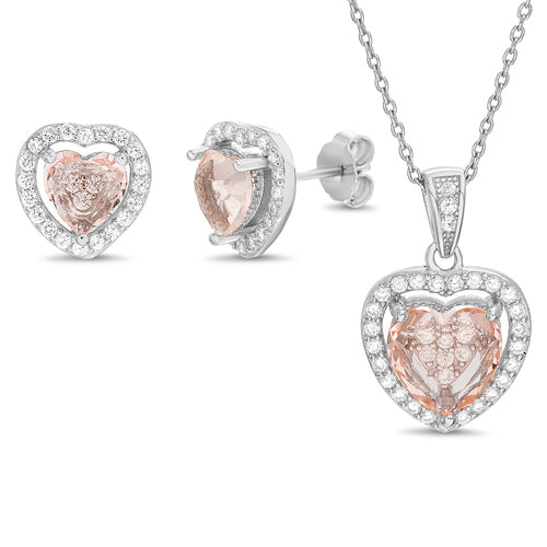 Sterling Silver Heart Morganite CZ Halo Earring & Pendant Set - Atlanta Jewelers Supply