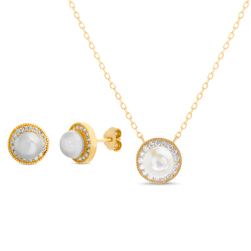 Sterling Silver Gold Plated Freshwater Pearl w/ CZ Milligrain Circle Earring/Necklace Set