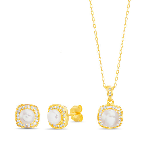 Sterling Silver Gold Plated Pearl CZ Square Border Set