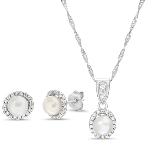 Sterling Silver Pearl W/ CZ Border Round Earring & Pendant Set - Atlanta Jewelers Supply