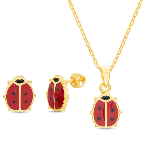 Gold Enamel Ladybug Earrings & Necklace Set - Atlanta Jewelers Supply