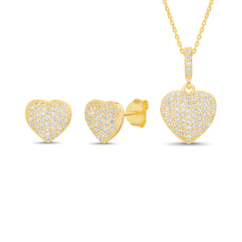 Sterling Silver Gold Plated Pave Heart Earring/Necklace Set