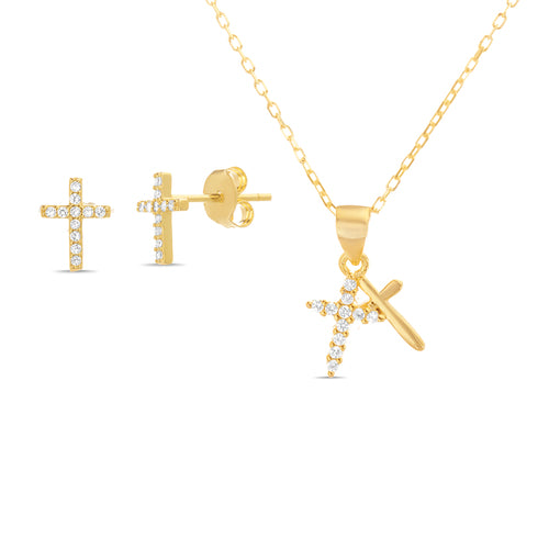 Sterling Silver CZ Polished Cross Necklace Earring Set - Atlanta Jewelers Supply