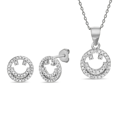 Sterling Silver Smiley Face CZ Earring/Necklace Set