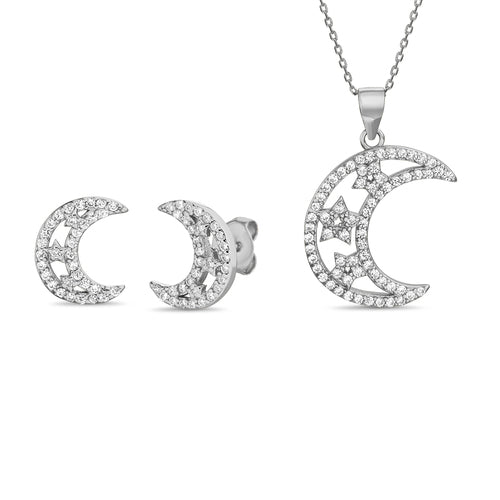 Sterling Silver Crescent & Star Earring/Necklace Set