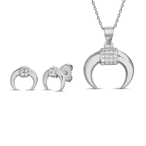 Sterling Silver CZ w/ Polished Horns Earrings & Pendant Set