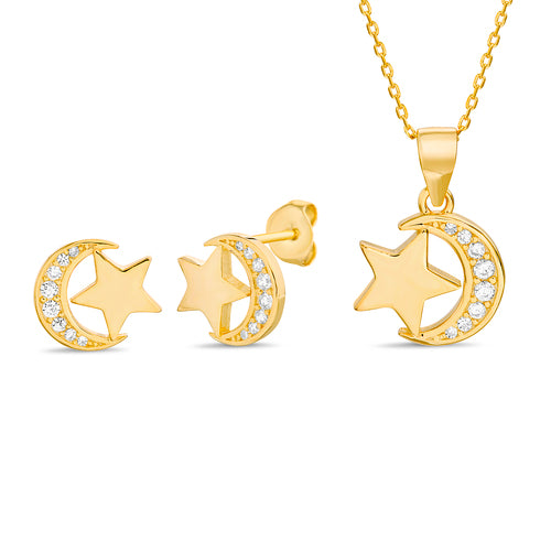 Sterling Silver Gold Plated Crescent & Star Necklace/Earring Set