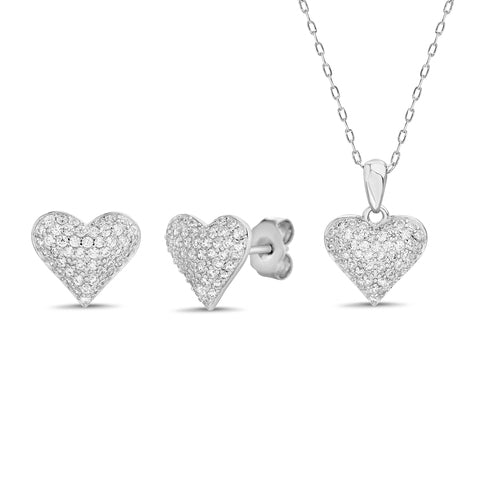 Sterling Silver Pave Heart Post Earring/ Necklace Set