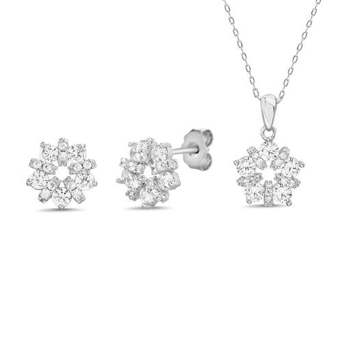 Sterling Silver CZ Prong Flower Post Earring/ Necklace Set