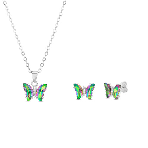 Sterling Silver Purple Butterfly Studs and Necklace Set