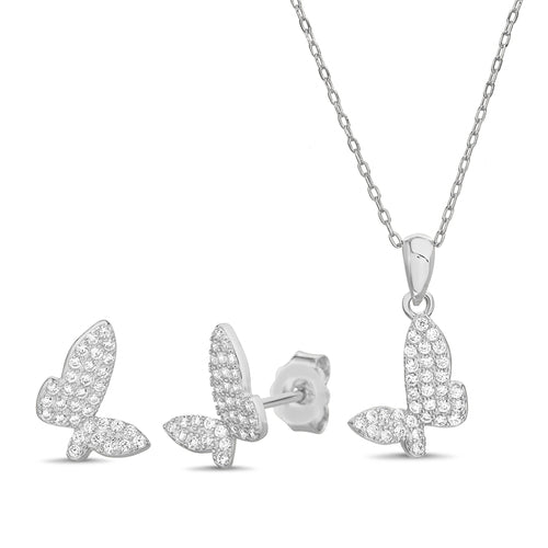 Sterling Silver Pave Butterfly Stud Earring/Necklace Set
