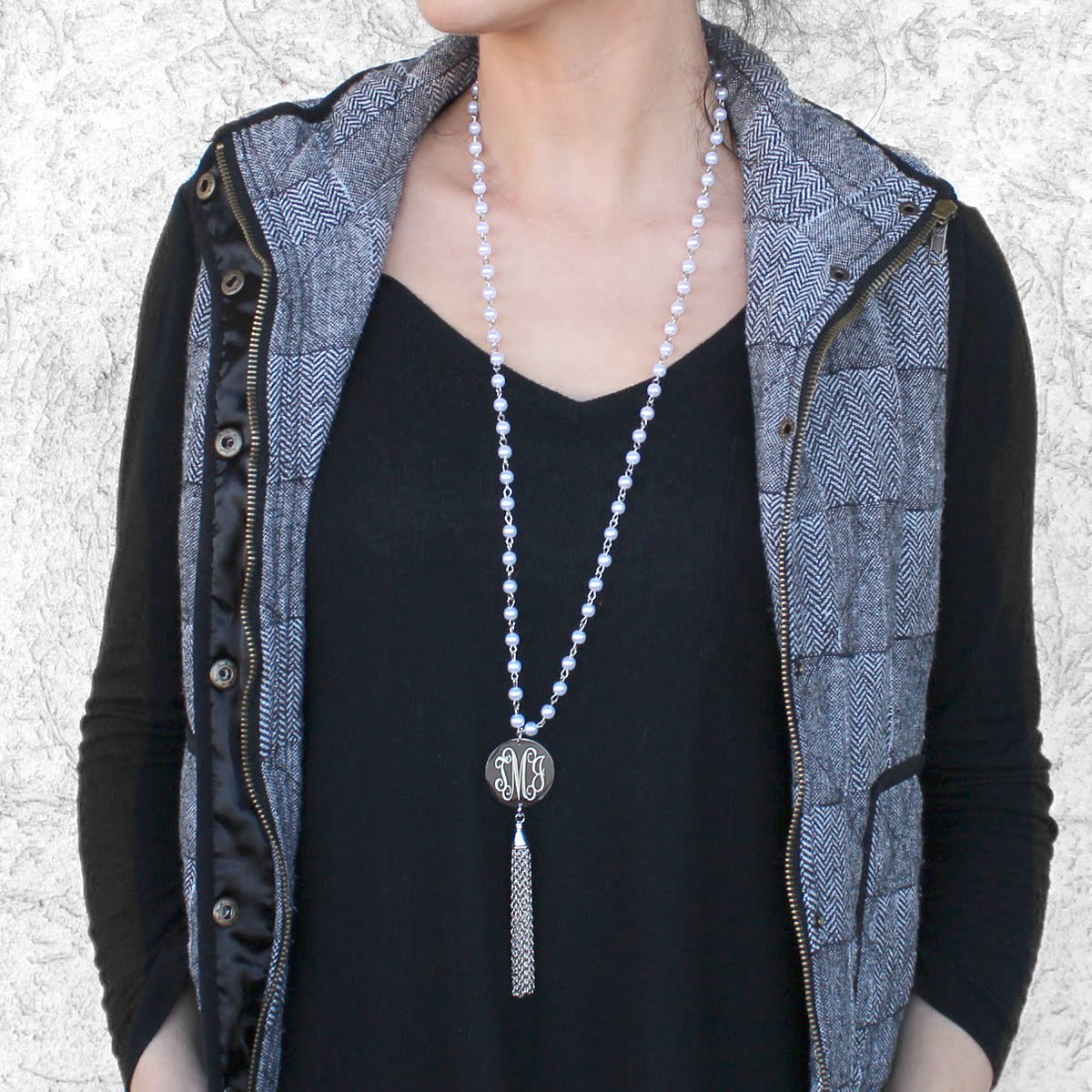 Engravable Non Silver Stainless Steel Engraved Round Pendant With Pearl Chain Necklace - Atlanta Jewelers Supply