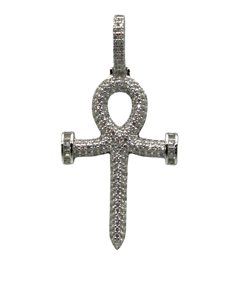 Sterling Silver Nail Ankh CZ Pendant