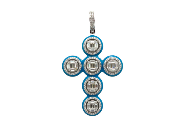 Sterling Silver CZ Cross Glow In The Dark Blue Enamel Mens Pendant