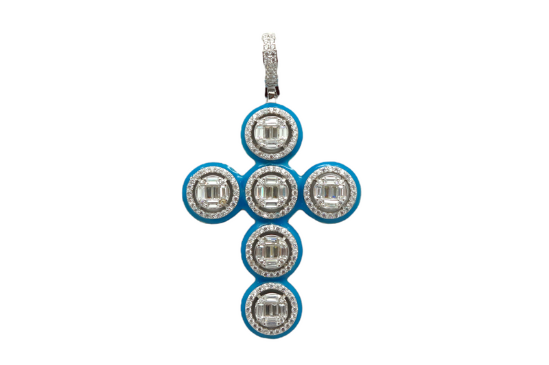 Sterling Silver CZ Cross Glow In The Dark Blue Enamel Mens Pendant