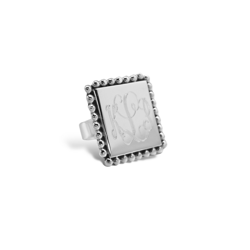 Sterling Silver Square Engravable Ring W/ Beaded Trim