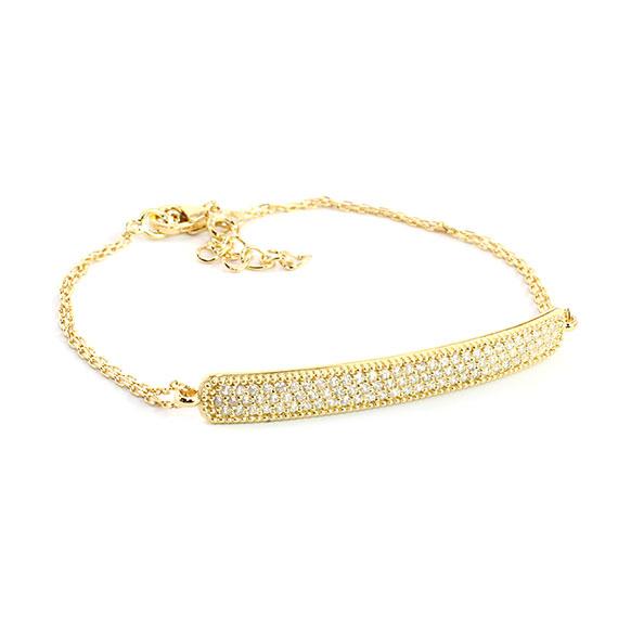 Elegant Sterling Silver E Coated Gold Color Bar Bracelet With Cz Stone Anddouble Chain! - Atlanta Jewelers Supply