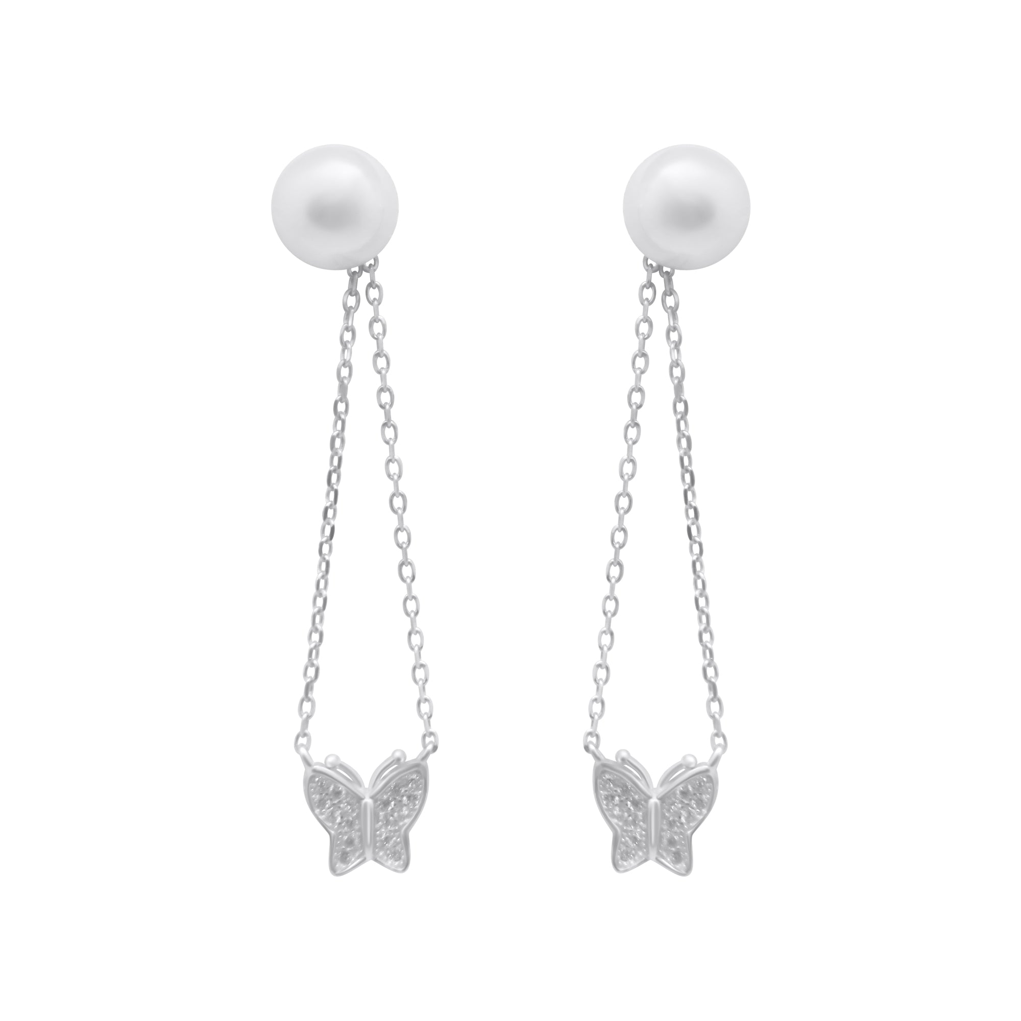 Sterling Silver Pearl Dangle Butterfly Earrings
