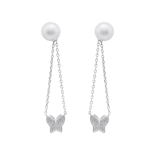 Sterling Silver Pearl Dangle Butterfly Earrings