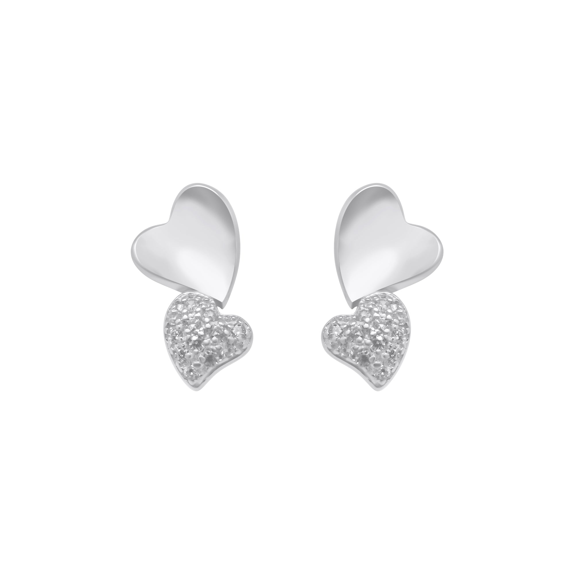 Sterling Silver Two Heart CZ Stud Earrings