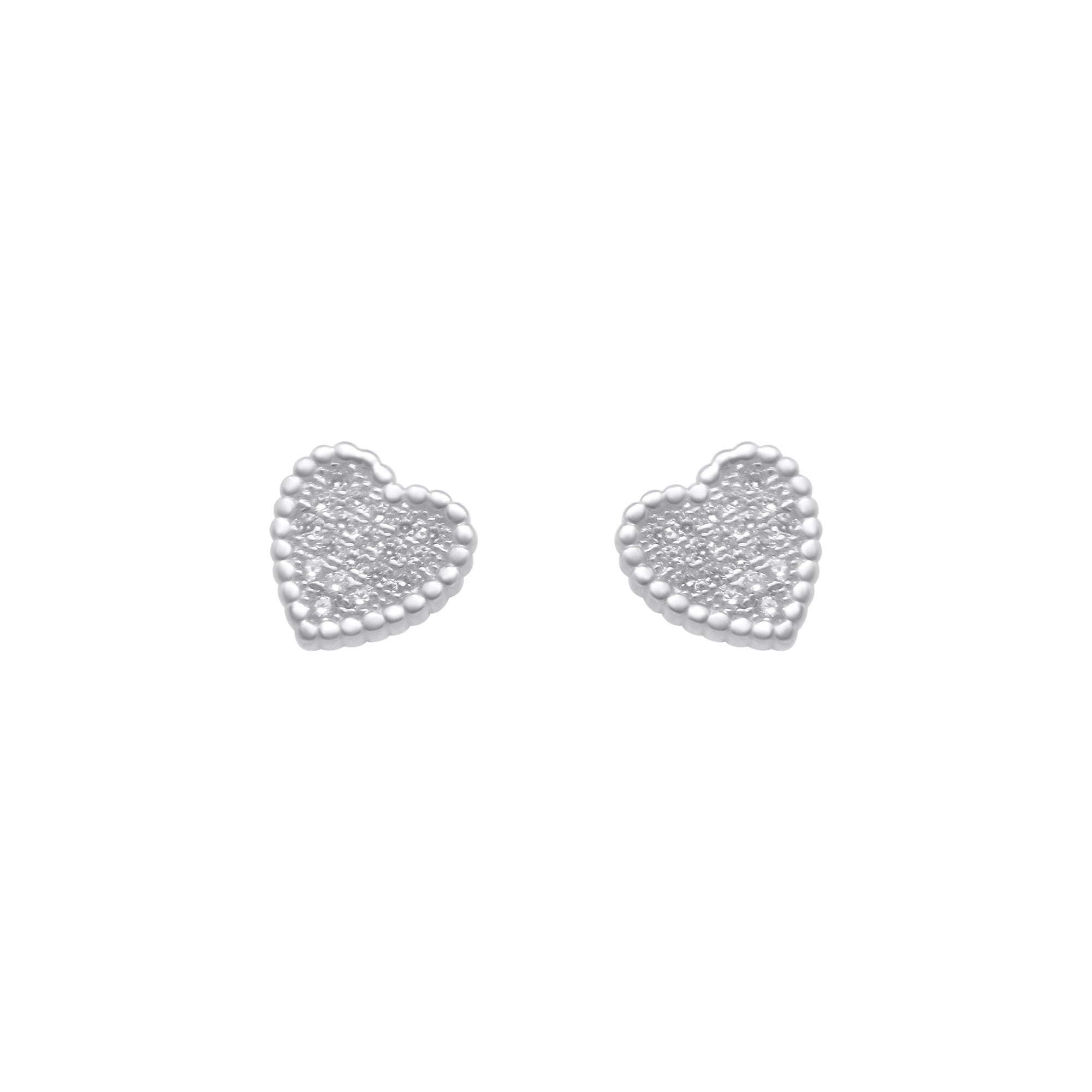 Sterling Silver Bead Border Micropave Heart Stud Earrings