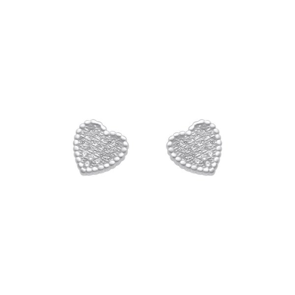 Sterling Silver Bead Border Micropave Heart Stud Earrings