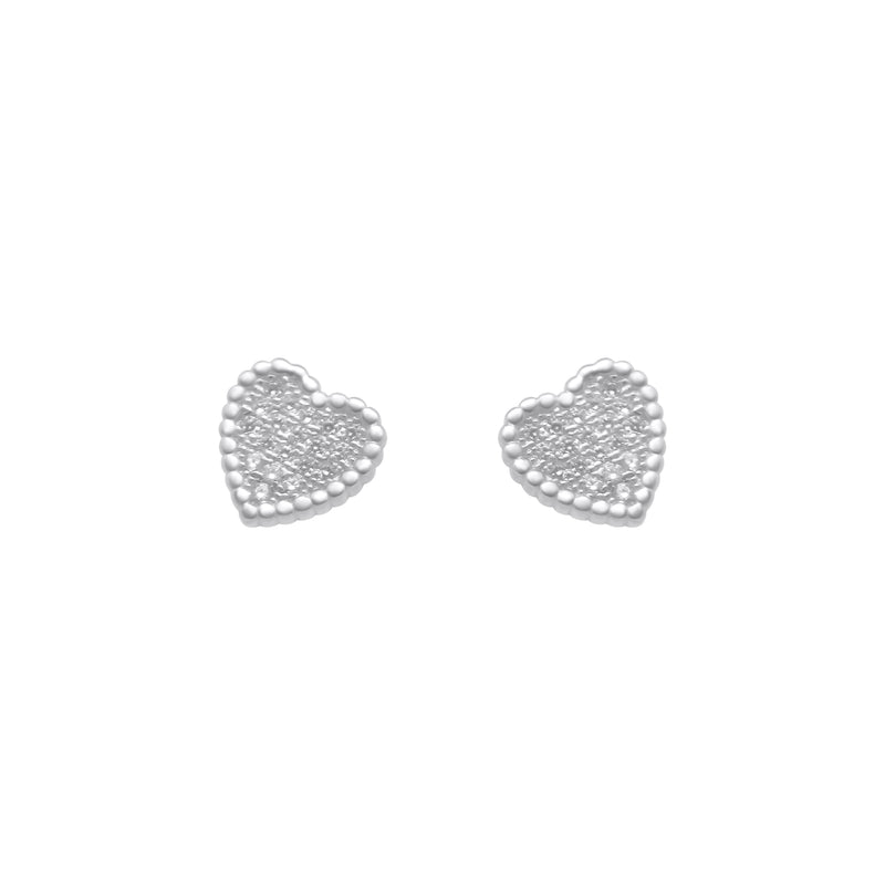 Sterling Silver Bead Border Micropave Heart Stud Earrings