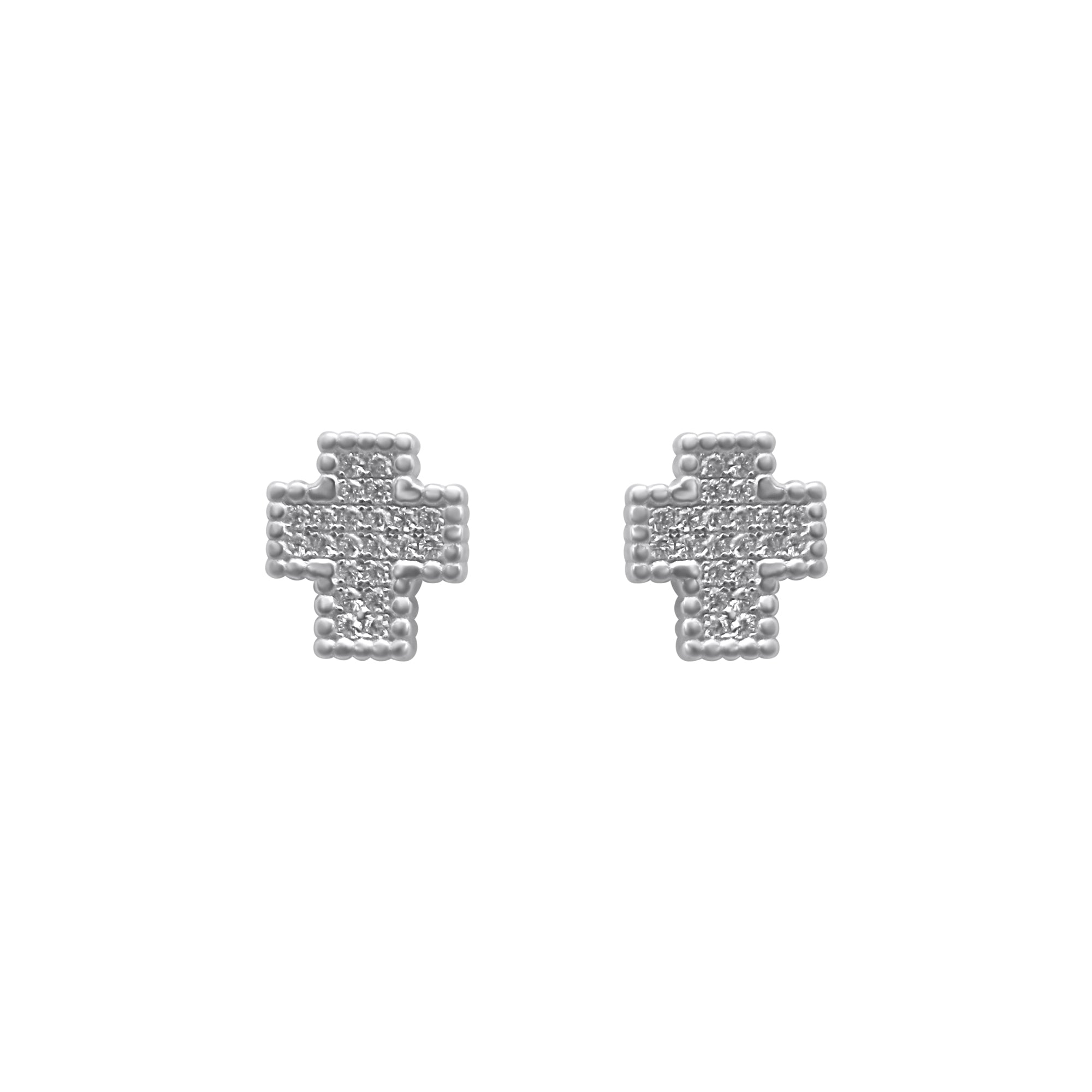 Sterling Silver Bead Border Micro Pave Cross Stud Earrings