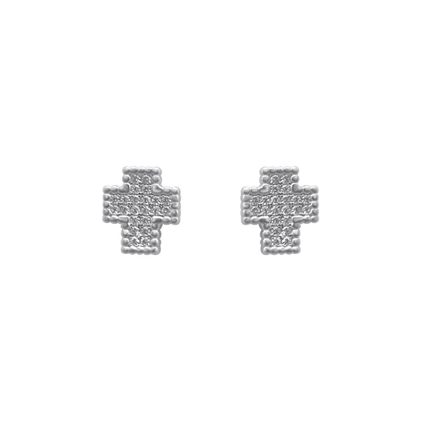 Sterling Silver Bead Border Micro Pave Cross Stud Earrings