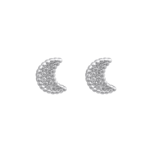 Sterling Silver Bead Border Micro Pave Crescent Moon Stud Earrings