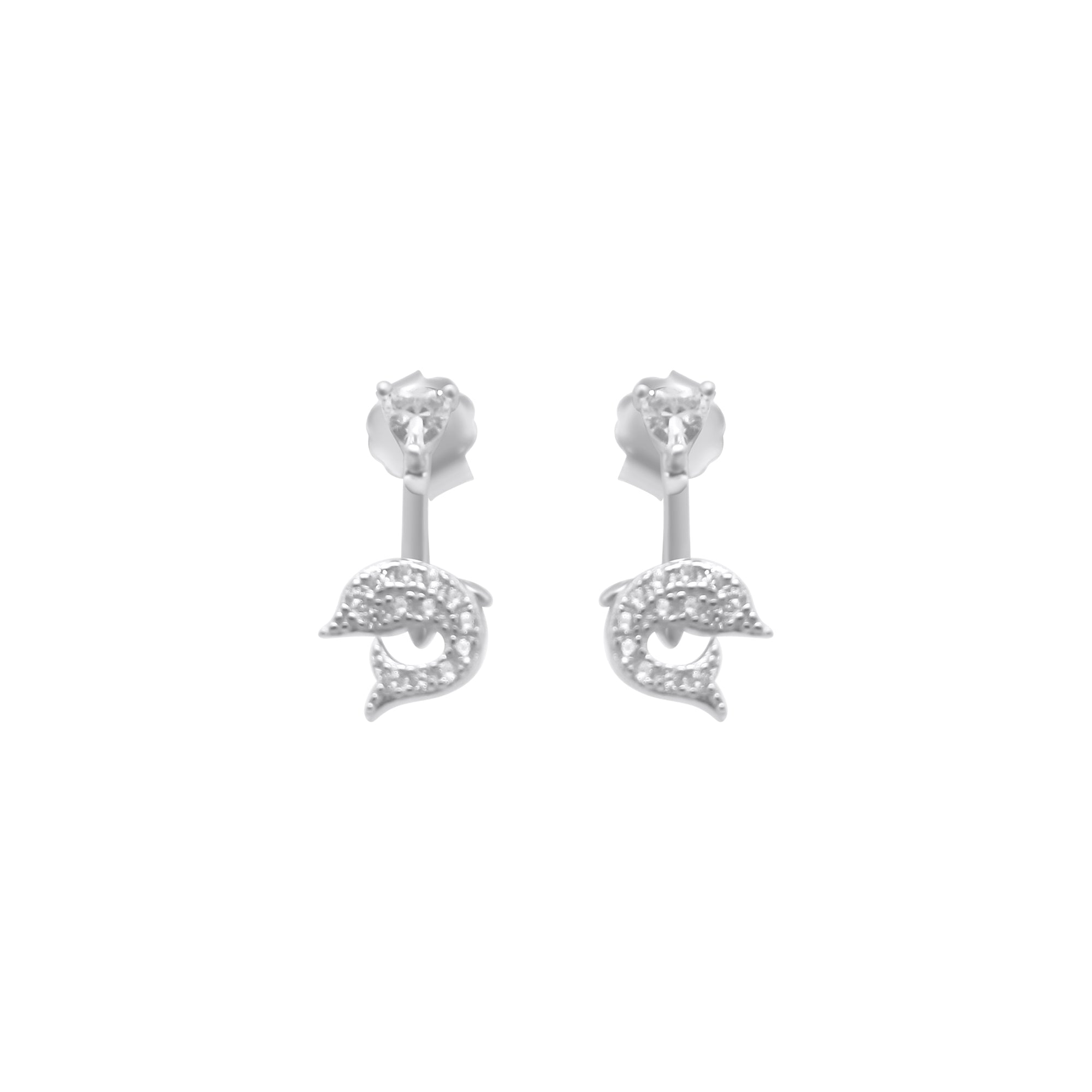 Sterling Silver CZ Drop Down Dolphin Earrings