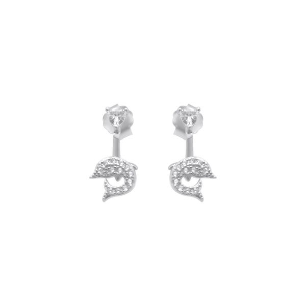 Sterling Silver CZ Drop Down Dolphin Earrings