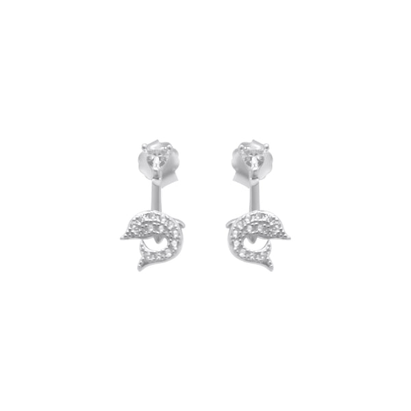 Sterling Silver CZ Drop Down Dolphin Earrings