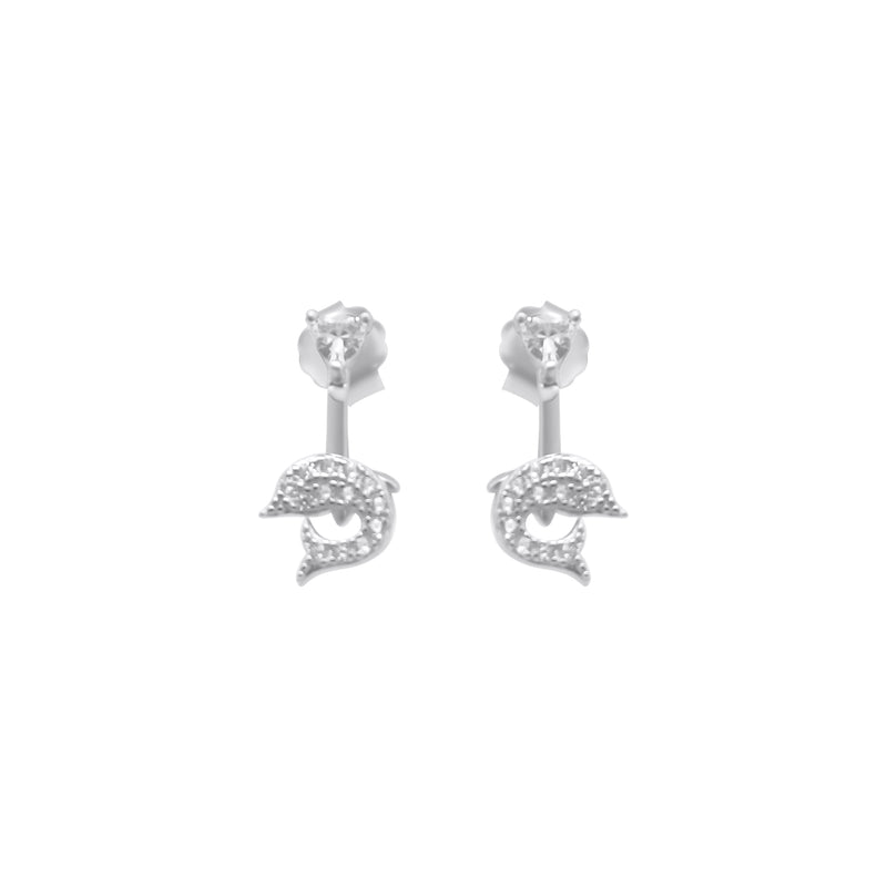 Sterling Silver CZ Drop Down Dolphin Earrings