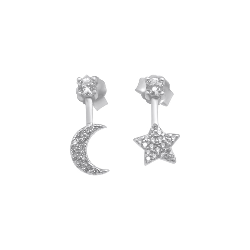 Sterling Silver CZ Drop Down Star & Moon Earrings