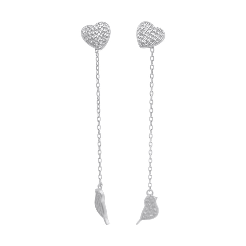 Sterling Silver Micro Pave Heart Dangle Chain CZ Bird Charm Earrings