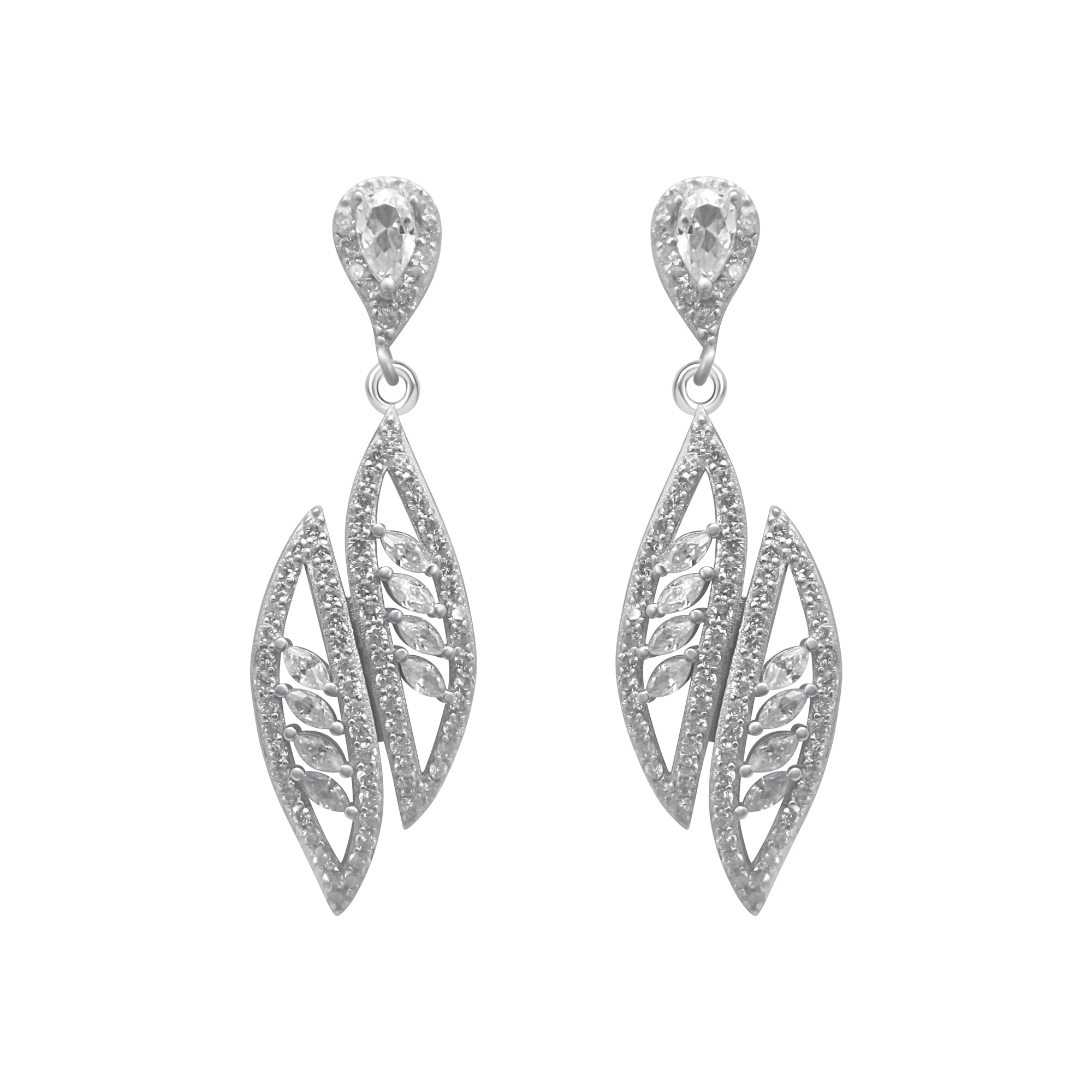 Sterling Silver Decorative CZ Drop Down Feather Earrings