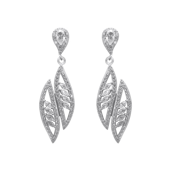 Sterling Silver Decorative CZ Drop Down Feather Earrings