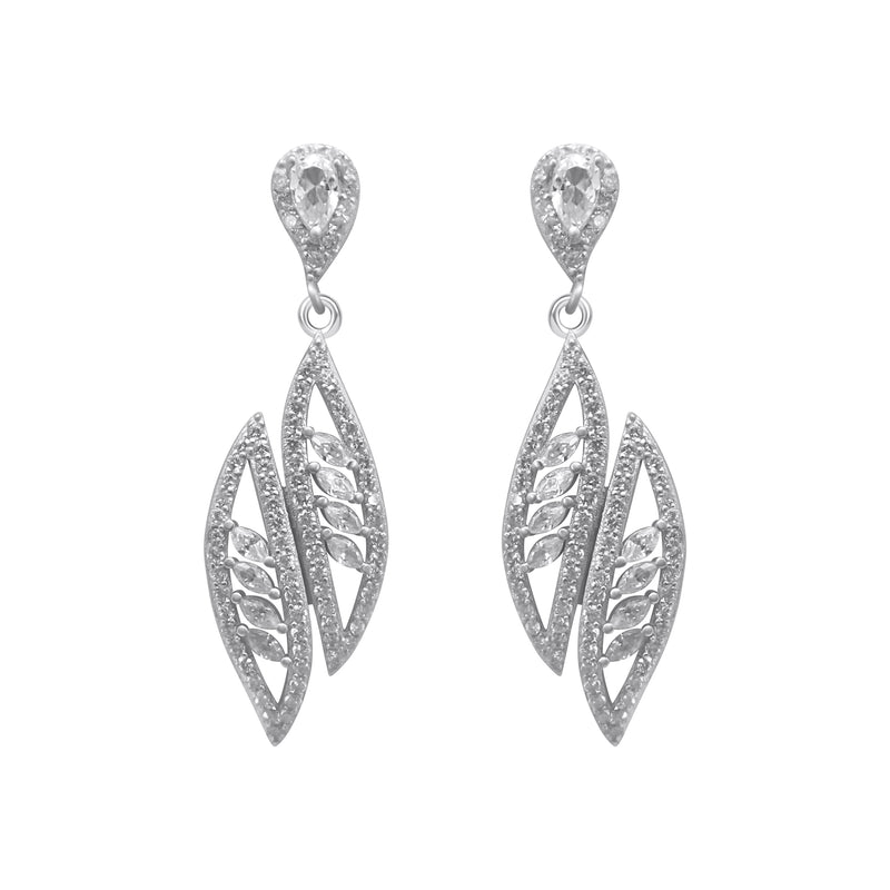 Sterling Silver Decorative CZ Drop Down Feather Earrings