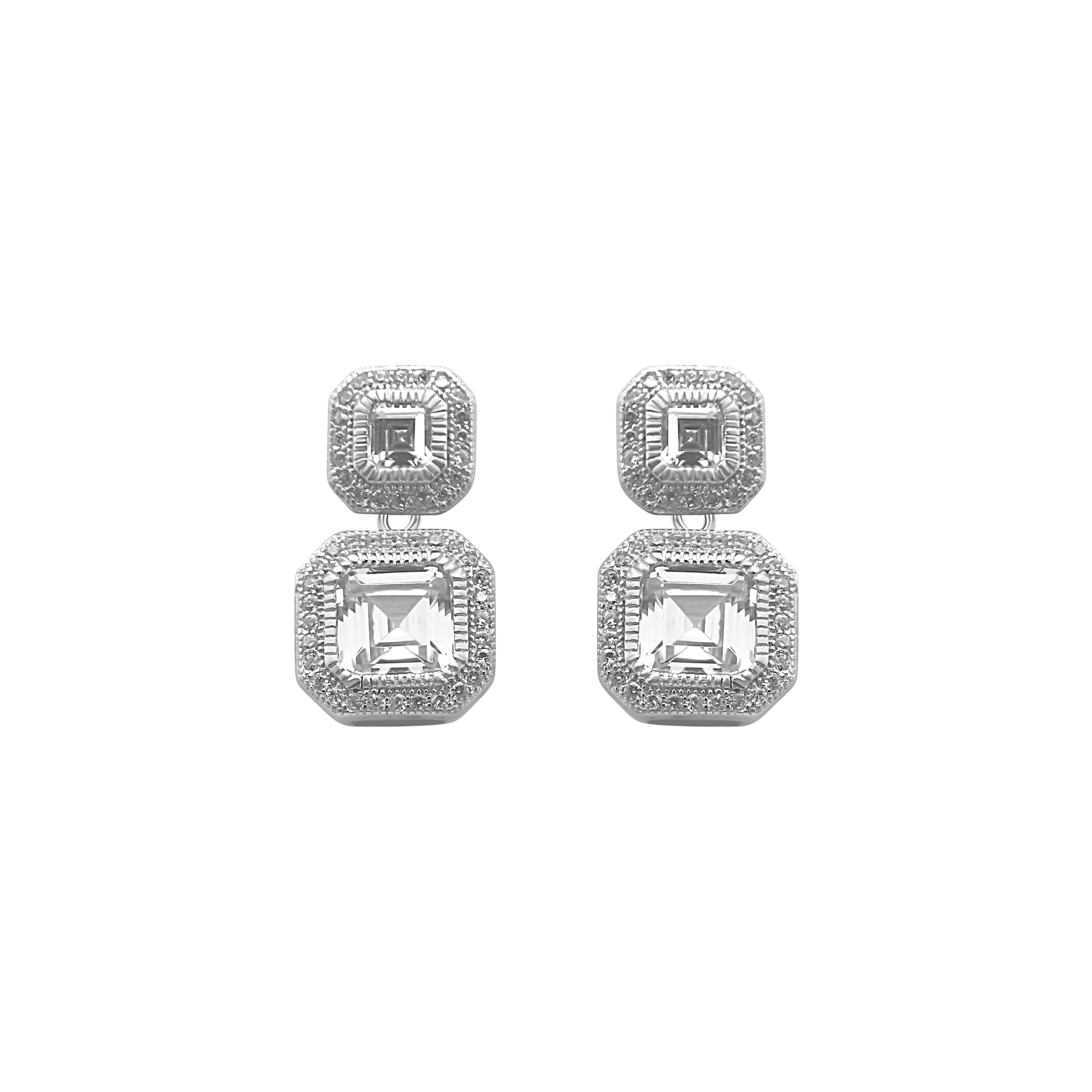 Sterling Silver Double Square CZ Earrings