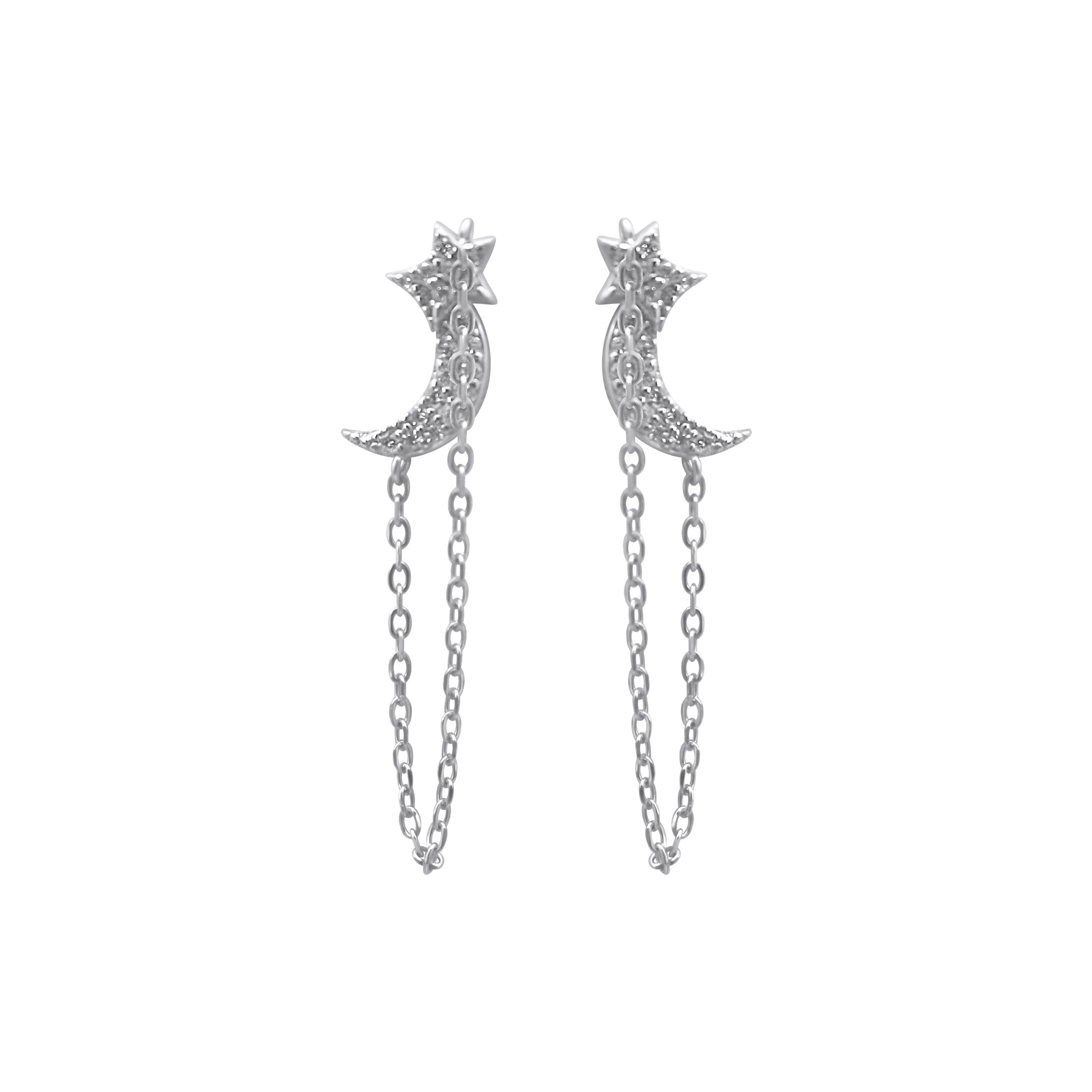 Sterling Silver CZ Star Chain Link CZ Moon Earrings