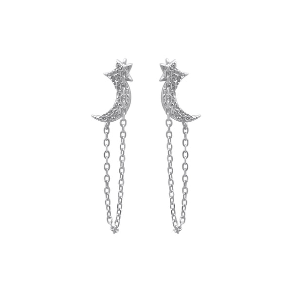 Sterling Silver CZ Star Chain Link CZ Moon Earrings