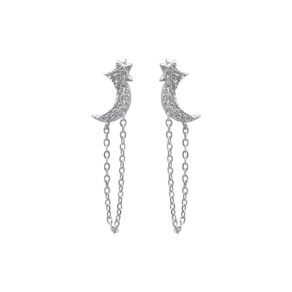 Sterling Silver CZ Star Chain Link CZ Moon Earrings
