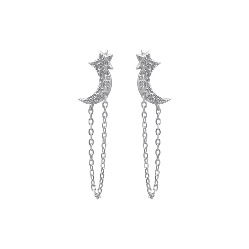 Sterling Silver CZ Star Chain Link CZ Moon Earrings