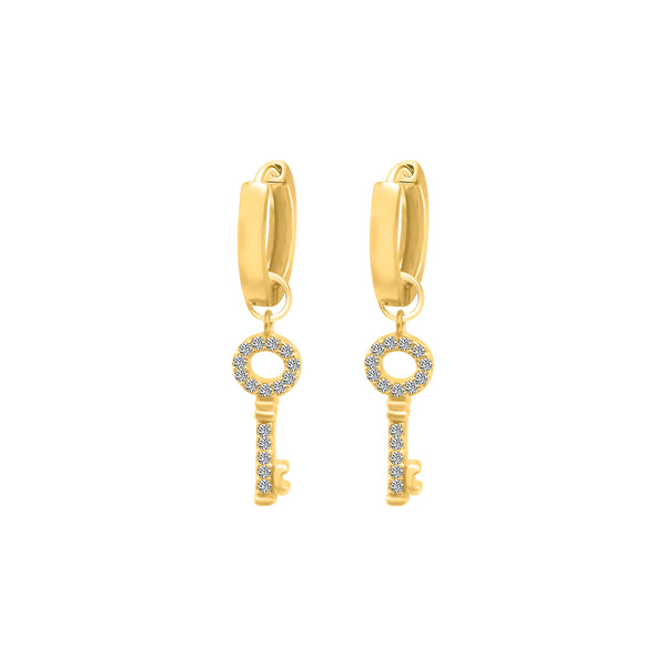 Sterling Silver Hoop Dangle CZ Key Charm Earrings