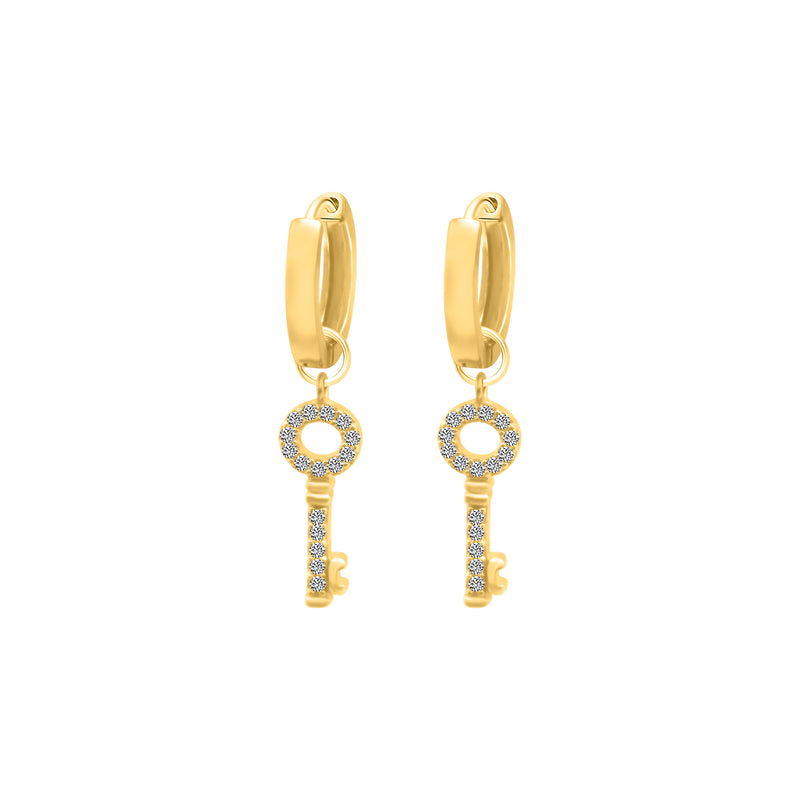 Sterling Silver Hoop Dangle CZ Key Charm Earrings