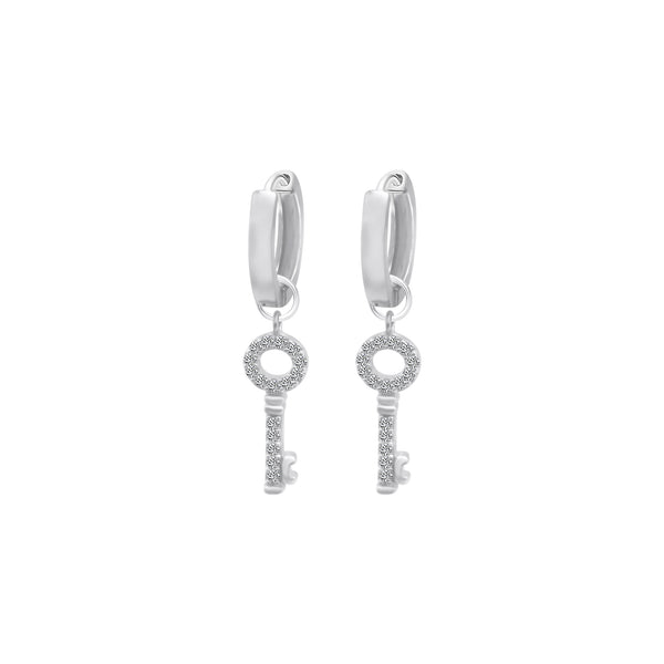 Sterling Silver Hoop Dangle CZ Key Charm Earrings